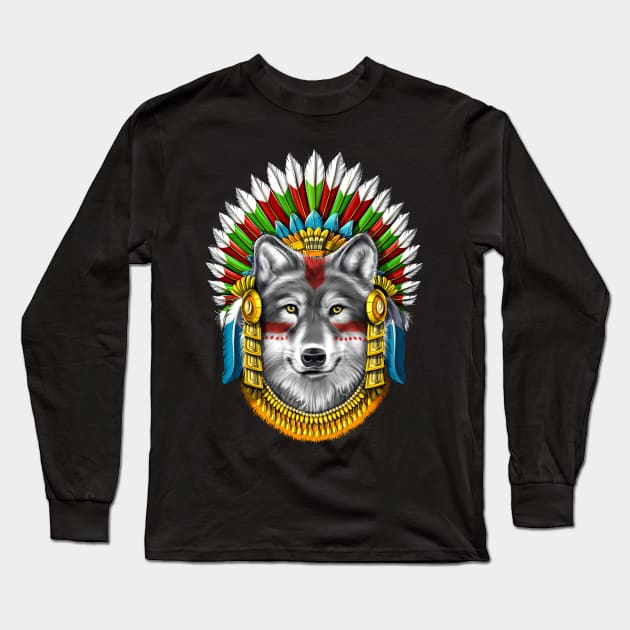 Wolf Aztec Warrior Long Sleeve T-Shirt by underheaven